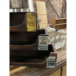 Early 20th stained pine and glazed wall mounting cigarette shop display cabinet, fitted with six sliding drawers with divisions and scalloped handles  - THIS LOT IS TO BE COLLECTED BY APPOINTMENT FROM THE OLD BUFFER DEPOT, MELBOURNE PLACE, SOWERBY, THIRSK, YO7 1QY