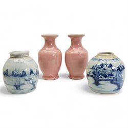 Two Chinese Provincial blue and white ginger jars, one with associated cover, H18cm, together with a pair of pink glazed baluster vases (4)