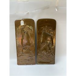 Two Newlyn Arts and Crafts copper wall plaques, each embossed with a ship, H43cm