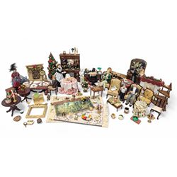 Dolls house living room and dining room furniture, including arm chairs, desk, fireplaces,...