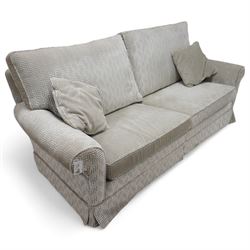 Duresta - traditional shape two seat sofa with rolled arms, upholstered in silvery-blue Greek key patterned fabric, with matching loose cushions, on castors