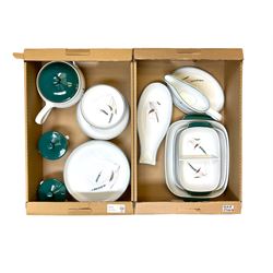 Denby part dinner service, decorated in the Greenwheat pattern, comprising dinner plates, dessert plates, side plates, lidded tureen, pair of smaller lidded dishes, sauce boat, and various serving dishes, in two boxes