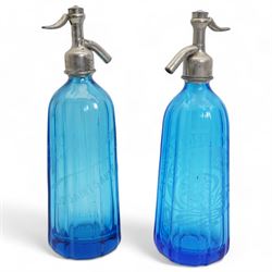 Two French blue glass soda syphons, H32cm