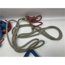 Collection of 1960s/70s climbing equipment including two original Hamish McInnes Pterodactyl ice axes, Joe Brown helmet, carabiners, ropes and wires etc