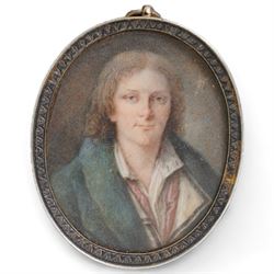 French School (Early 19th century): Head and Shoulders Portrait of a Gentleman with Long Parted Hair with Open Shirt Collar, miniature watercolour on ivory indistinctly signed top right, in white metal frame 6cm x 4cm. This item has been registered for sale under Section 10 of the APHA Ivory Act