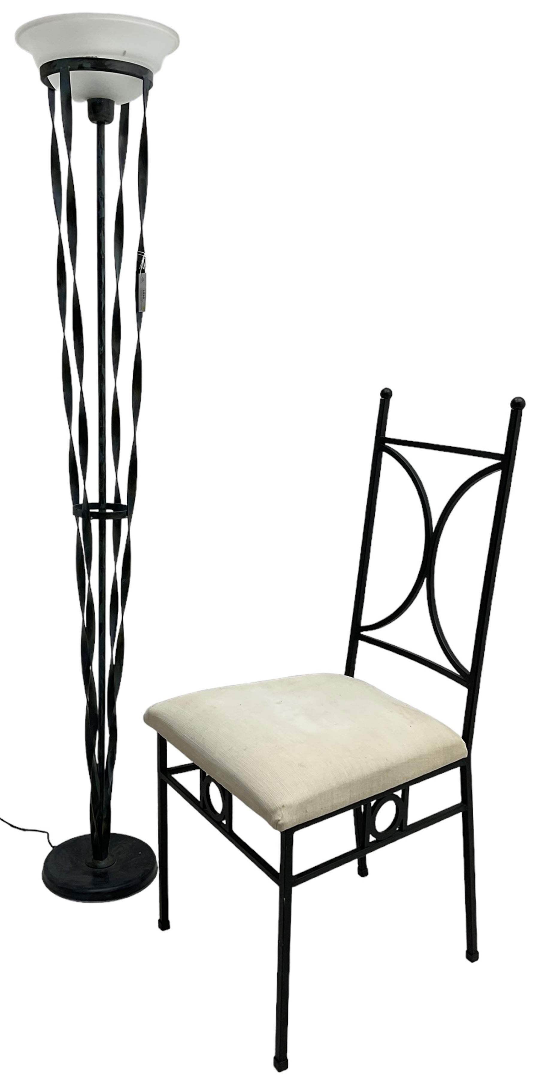 Wrought metal standard lamp (H170cm); wrought metal side chair with curved X-framed back over upholstered seat (W49cm)