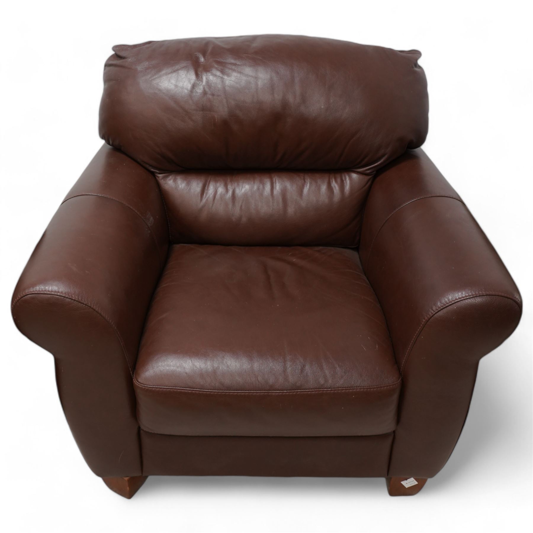 HTL - pair of traditional shape armchairs, upholstered in chocolate brown leather, on square tapering feet