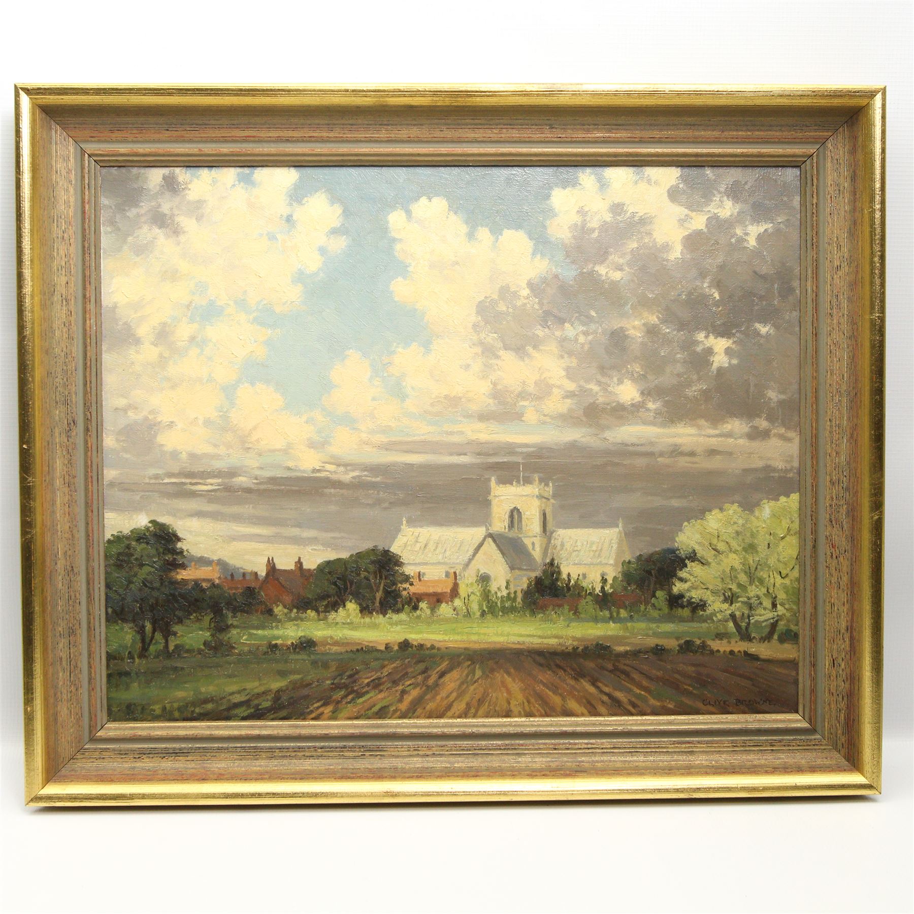 Clive Richard Browne (British 1901-1991): 'Old Time Harvest' and Church Landscape, pair oils on canvas signed 39cm x 49cm (2)