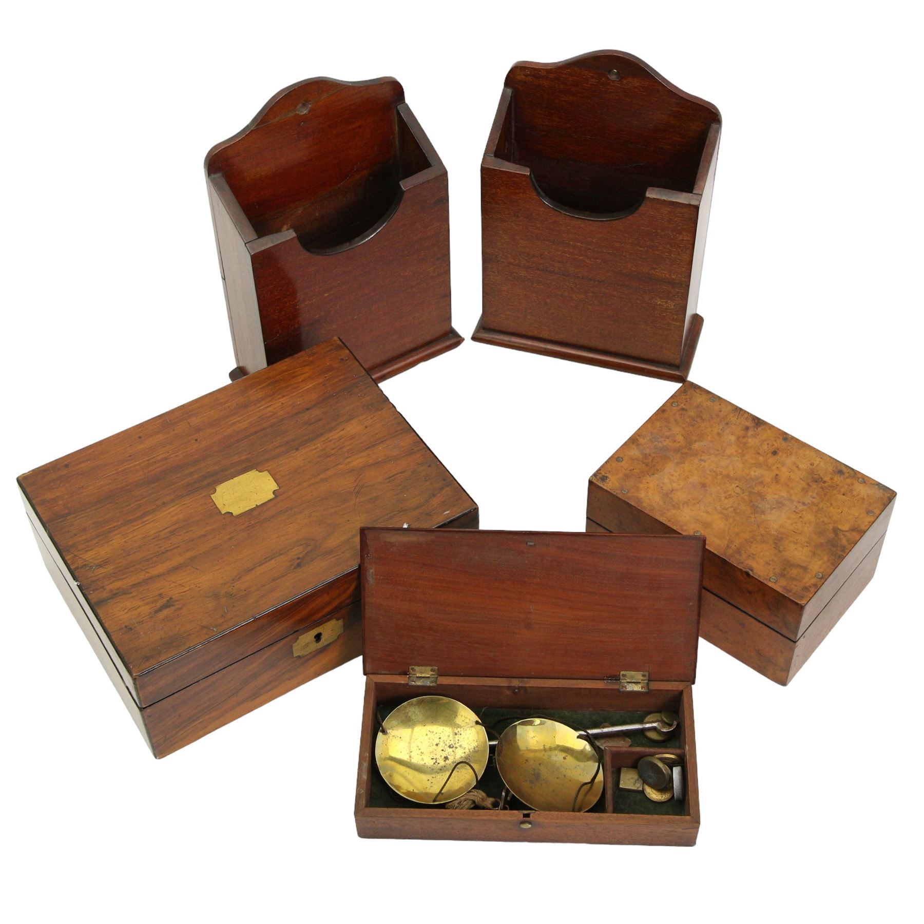 Pair of early 20th century mahogany wall candle holders W17cm, Victorian walnut sewing box W26cm, a smaller box and a set of Victorian chemists travelling balance scales and weights in mahogany box