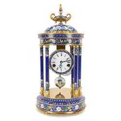 20th century- 8-day cloisonne styled rotunda clock, with six decorative enamel pillars and...