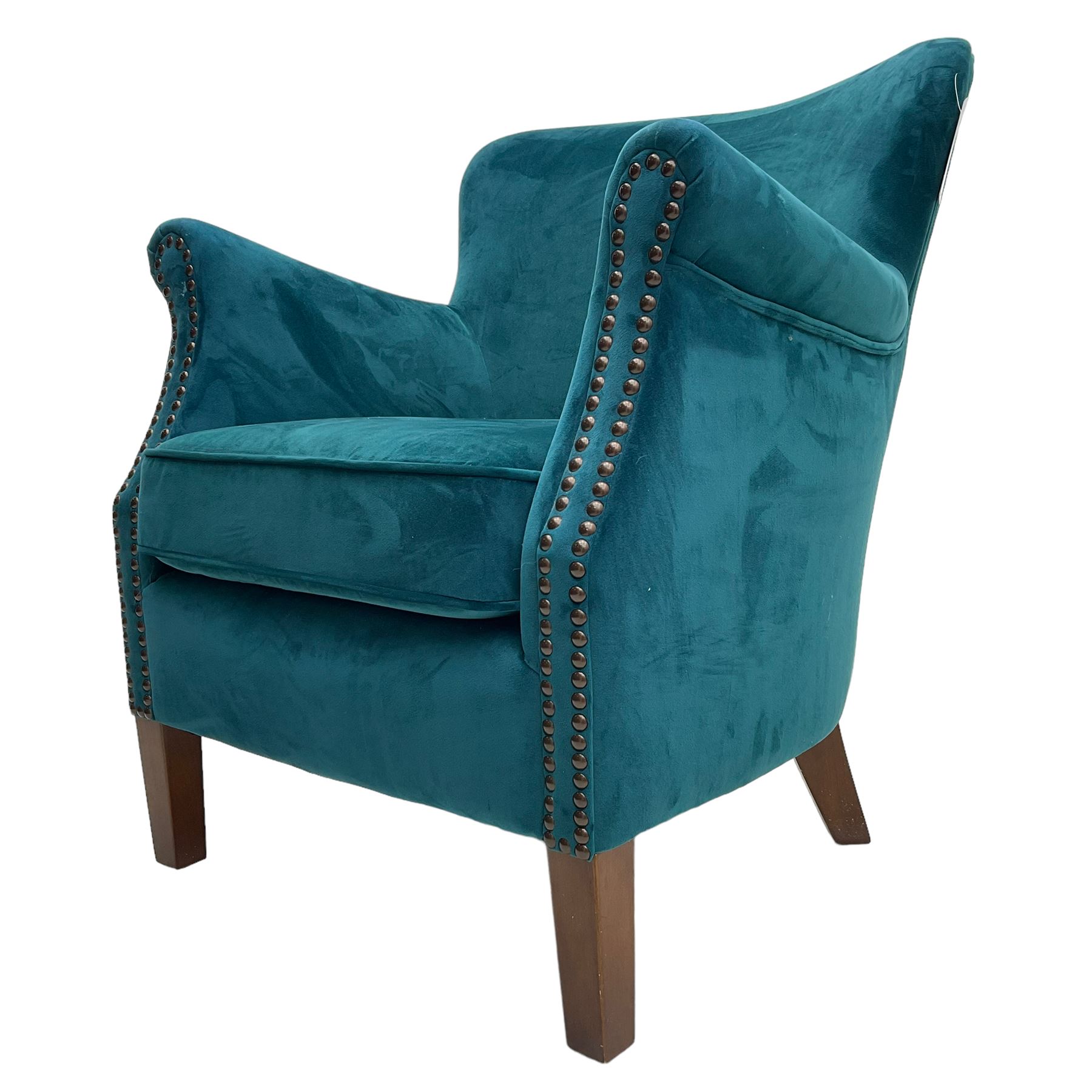 Contemporary tub-shaped armchair, upholstered in teal blue fabric, with high back and rolled arms accented with brass studded trim, on square tapered front feet