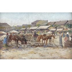 Béla Németh (Hungarian 1856-): Market Day, oil on board signed, indistinctly inscribed and stamped with artists address verso 13cm x 19cm 