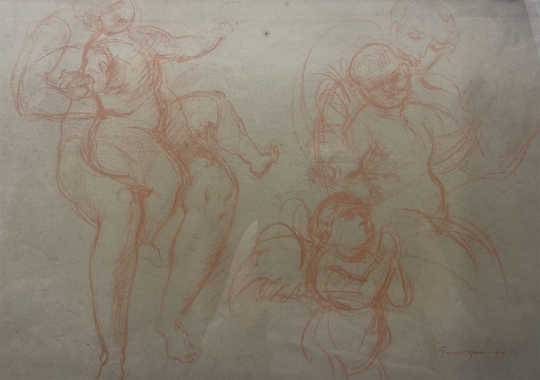 Neoclassical School (Mid-20th century): Putti and Figures, sanguine chalk on paper indistinctly signed and dated '44, 31cm x 45cm