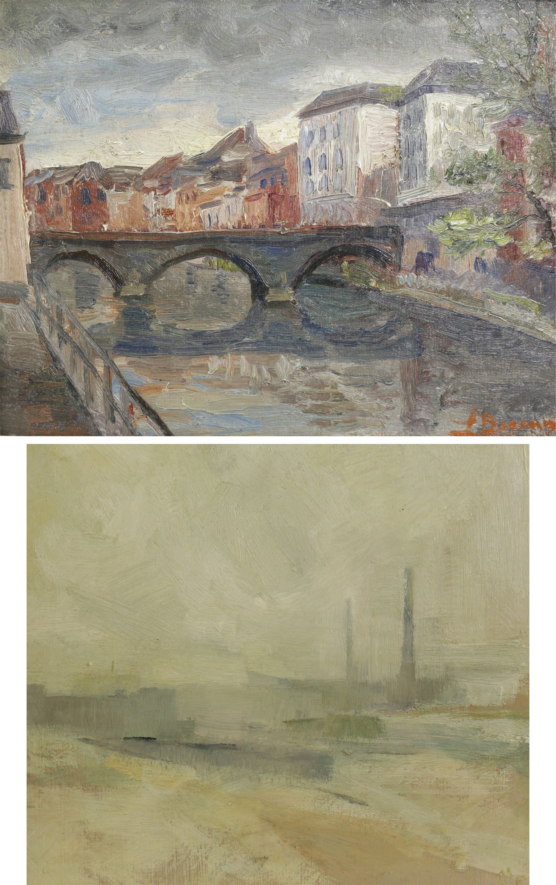 Manner of Paul Fordyce Maitland (British 1863-1909): View of a Factory from the River, oil on board indistinctly signed 19cm x 21cm; French School (20th Century): Bridge at Dusk, oil on board indistinctly signed 18cm x 23cm (2)