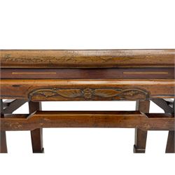 Pair of Chinese Hong Kong hardwood side tables, rectangular panelled top within moulded frame, the frieze rails carved with bats, on square supports terminating to hoof feet, united by shaped upper rails