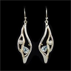 Pair of silver and 14ct gold wire blue topaz and pearl pendant earrings, stamped 925