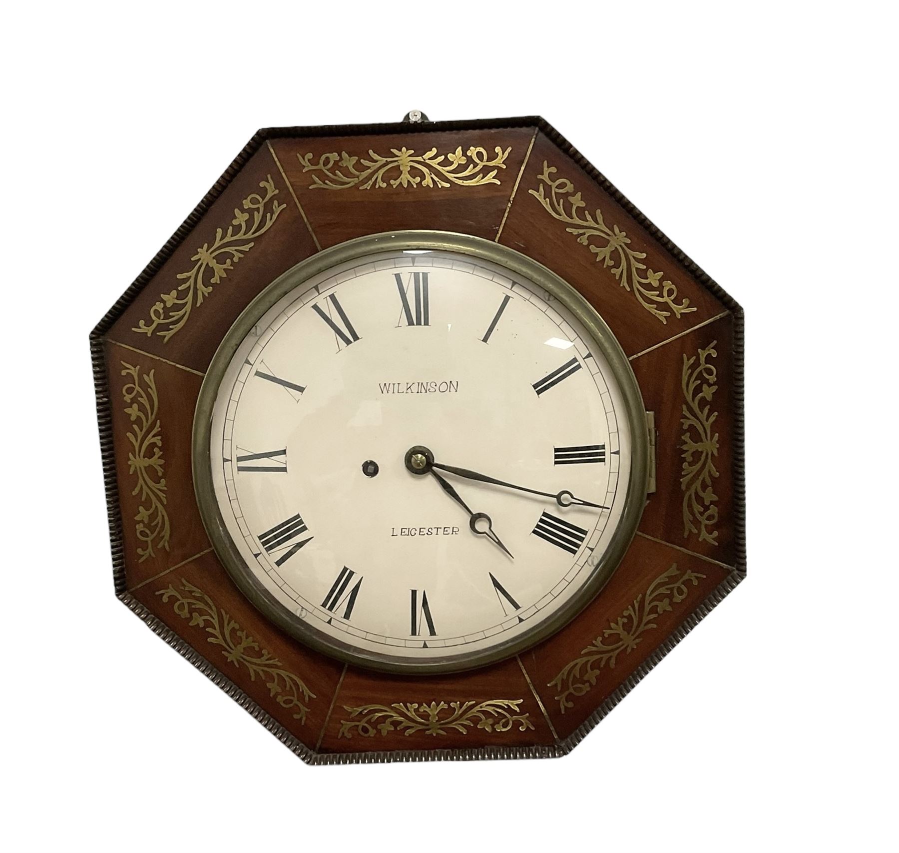 Wilkinson of Leicester - mid-19th century octagonal mahogany cased 8-day wall clock, dial surround inlaid with brass fretwork and a cast brass bezel, 10