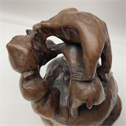 Chinese root carving, modelled as a large monkey family, with inset eyes, H25cm