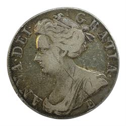 Queen Anne 1708 silver crown coin, E below bust