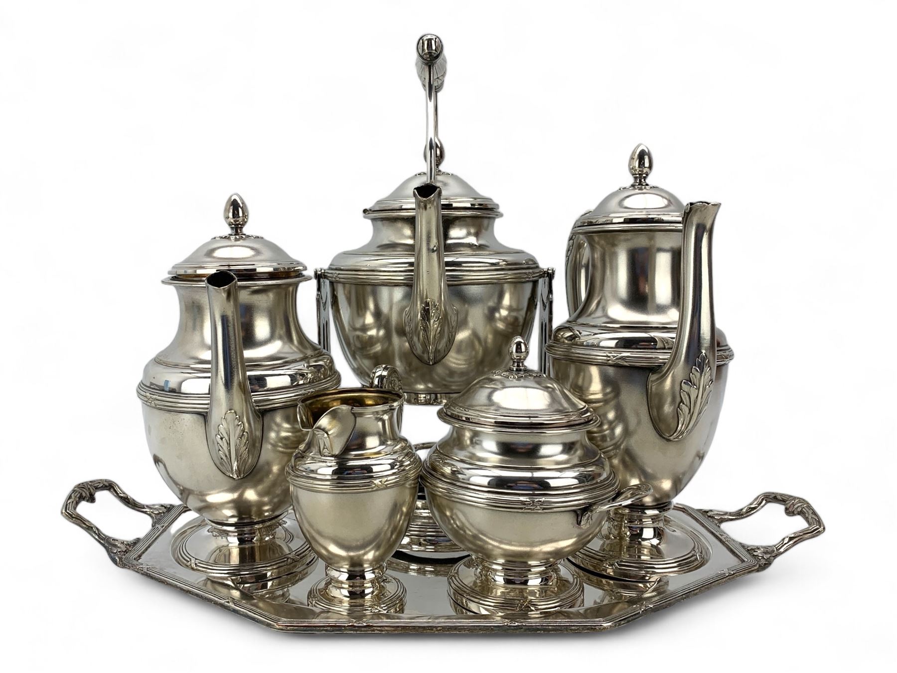 Early 20th century German five-piece silver-plated tea service on tray, by Wilhelm Wolff,   Pforzheim, tray L51cm 