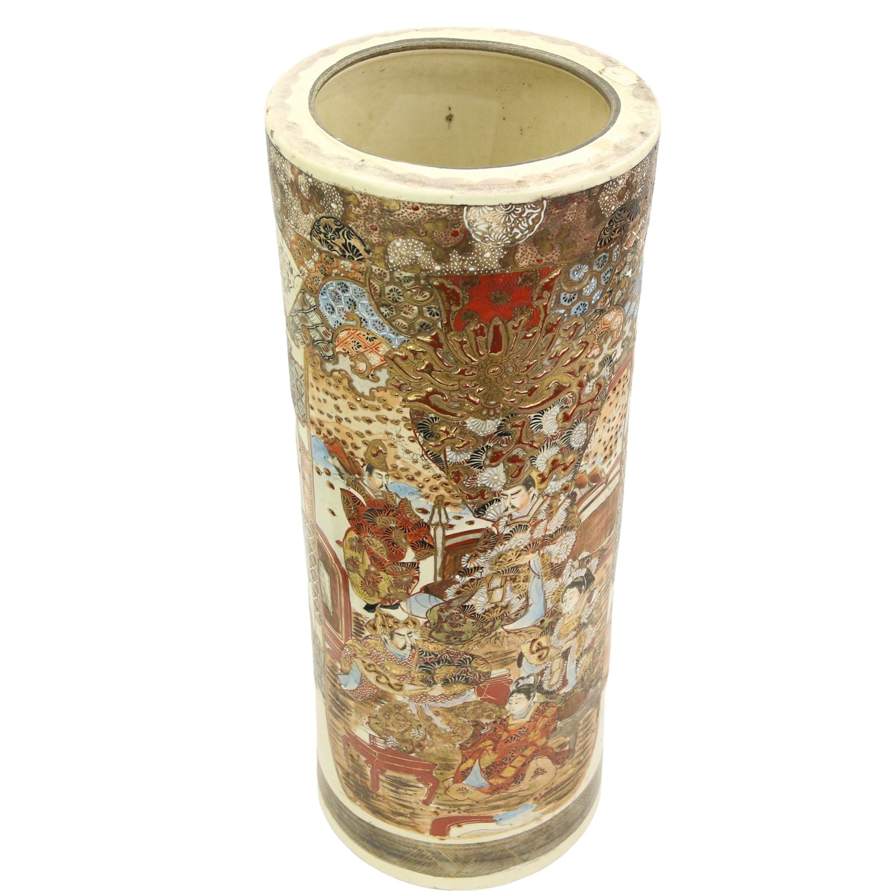 Early 20th century Japanese Satsuma stick/ umbrella stand, decorated with panels of figures, in raised polychrome and gilt, H64cm 