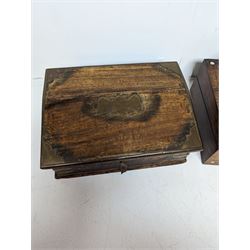 Brass bound wooden box, the hinged lid opening to reveal compartments, together with two other boxes 