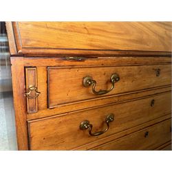 Georgian mahogany bureau, moulded fall front enclosing cupboard, small drawers, pigeonholes and inset writing surface, fitted with four long graduating cock-beaded drawers, on splayed bracket feet 