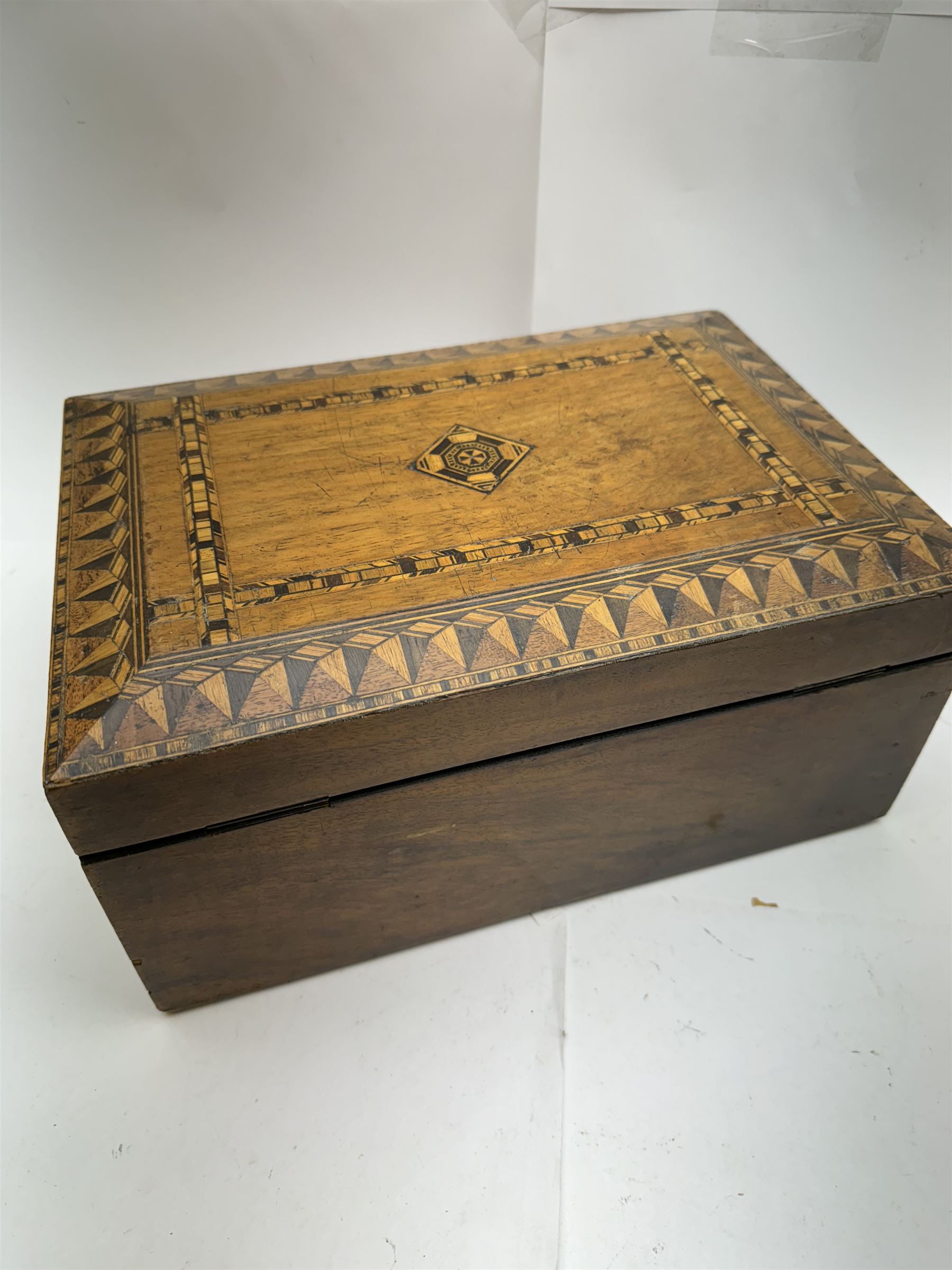 Three inlaid wooden boxes, together with an oak table top cabinet, tallest H42cm