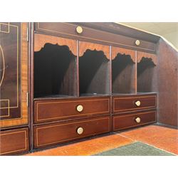 Georgian mahogany bureau, moulded fall front enclosing cupboard, small drawers, pigeonholes and inset writing surface, fitted with four long graduating cock-beaded drawers, on splayed bracket feet 