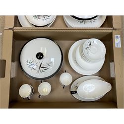 Royal Doulton dinner and tea wares, decorated in the bamboo pattern, to include dinner plates, dessert plates, side plates, pair of lidded tureens, sauce boat, serving plates, coffee cups, etc., in two boxes