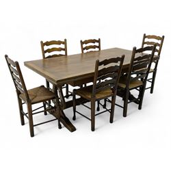 Oak extending refectory dining table, rectangular top with pull-out action leaves, shaped ...