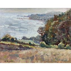 Michelle Saunders (British 1963-): 'September Morning Light - Across to Whitby from Lythe Bank', oil on canvas board signed, titled verso 19cm x 24cm