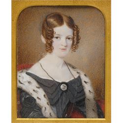 Samuel John Stump (British 1778-1863): Portrait of 'Sarah Isabella Stephenson 1818-1880' wearing a black dress with ermine stole, miniature watercolour on ivory signed, inscribed with artists address verso, in ornate 19th century gilt frame 9cm x 7cm. This item has been registered for sale under Section 10 of the APHA Ivory Act