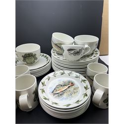 Portmeirion Complete Angler part tea and dinner service, including eleven dinner plates, five bowls, seven mugs etc together with two Royal Worcester cups and saucers