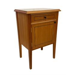 Pair of contemporary cherry wood bedside cupboards, inset glass top in moulded frame, fitted with single drawer over cupboard, on square tapering supports 