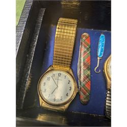 Two gentleman's wristwatches, miniature enamel button hook, etc in tooled leather box