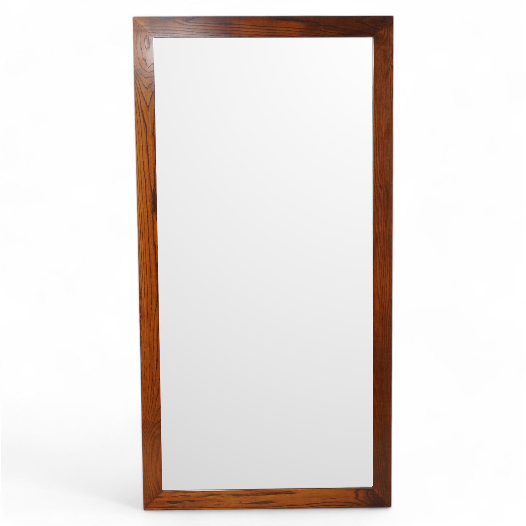 Large oak rectangular framed wall mirror with bevelled plate 