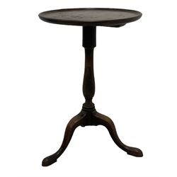 George III mahogany wine table, circular dished top over vasiform pedestal, on tripod base with splayed feet