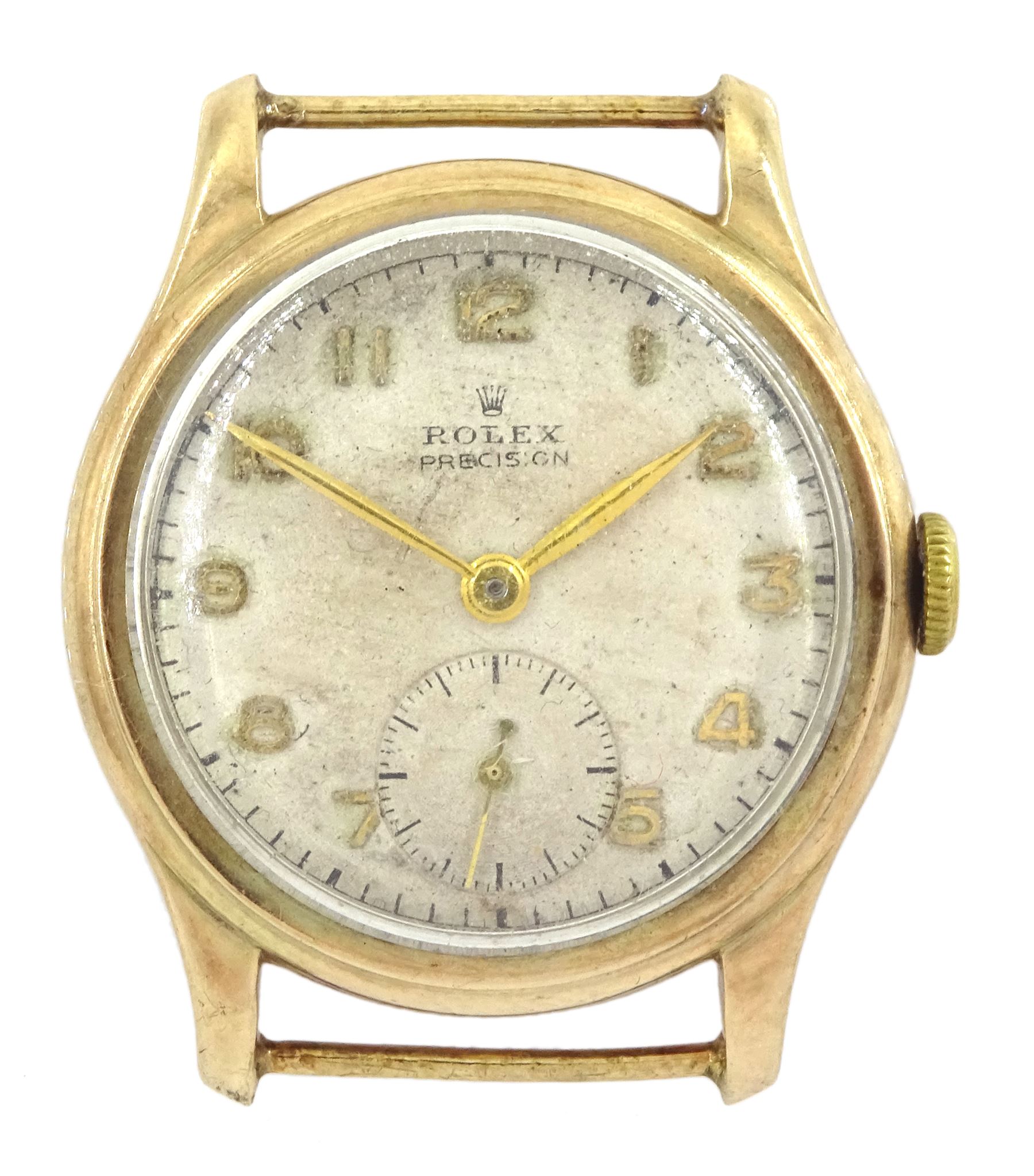 Rolex Precision 9ct gold patented 'superbalance' manual wind wristwatch, cream dial with Arabic numerals and subsidiary seconds dial, back case indistinctly numbered 3789 3078, Glasgow import mark 1937