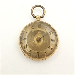 Early 20th century 18ct gold open face key wound cylinder pocket watch, gilt dial with Roman numerals, case with ornate decoration and cartouche, stamped 18K, together with a Victorian silver cased open faced pocket watch