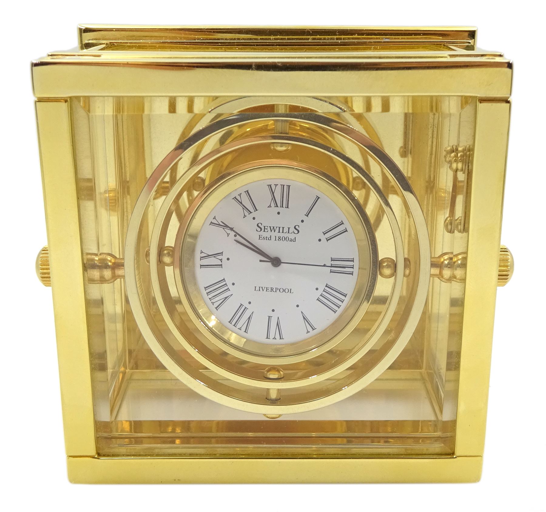 Sewills captains quartz desk clock, with gimble compass mount, in square display case, model No. 9731, boxed with papers