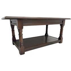 Rectangular mahogany coffee table, moulded rectangular top, turned supports united by undertier 