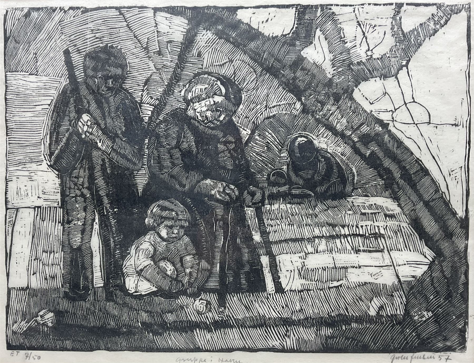 Continental School (20th Century): Mourning Family, limited edition woodblock print indistinctly signed and titled, dated '57 and numbered 7/50 in pencil 32cm x 41cm 