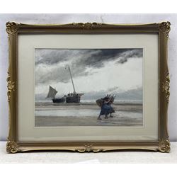 English School (Early 20th Century): Dutch Fisherwomen on a Blustery Beach, watercolour and gouache indistinctly signed 36cm x 49cm 