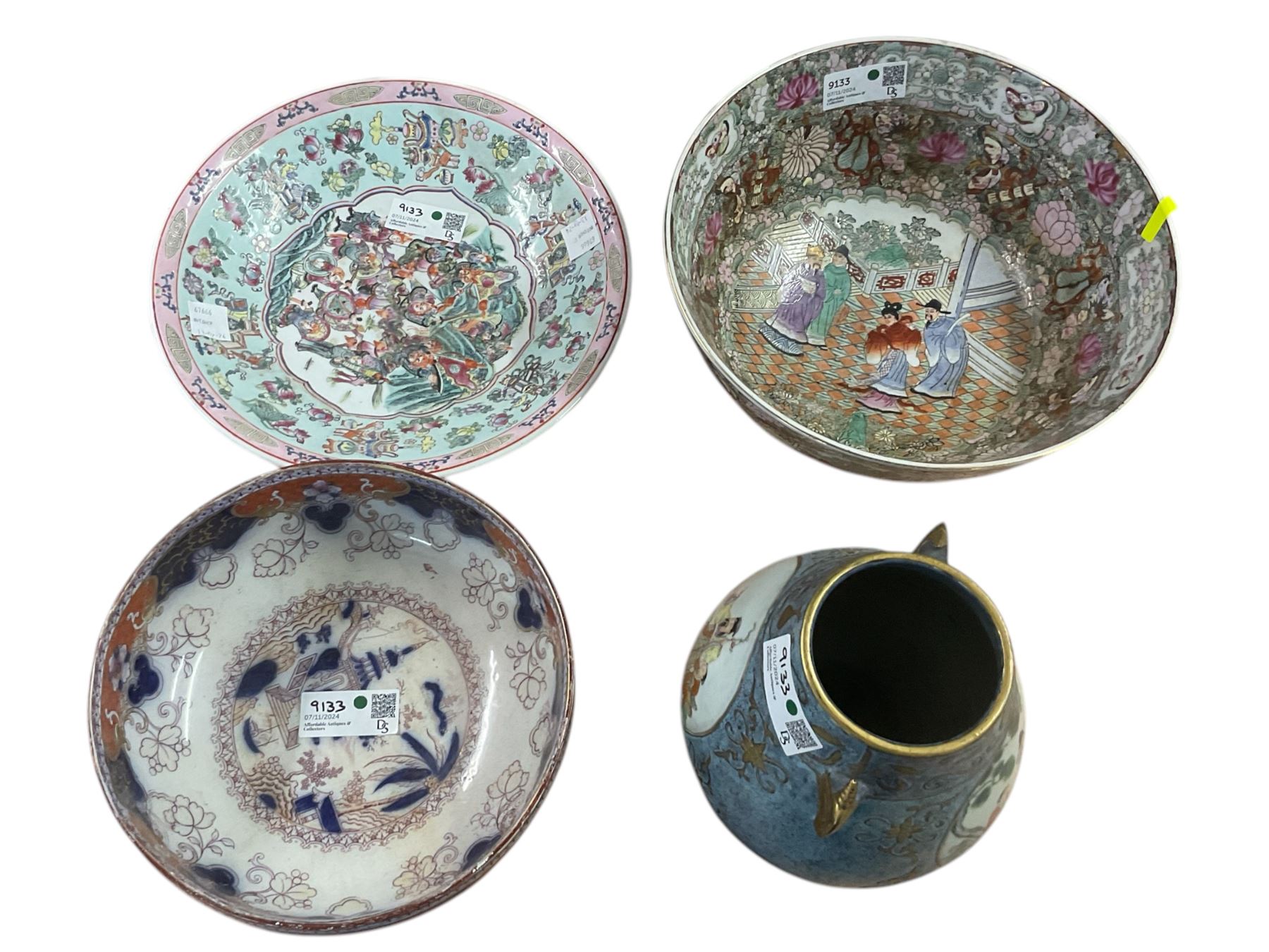 Modern Cantonese punch bowl, similar charger, two-handled Chinese vase, English imari pattern pedestal bowl (4) 