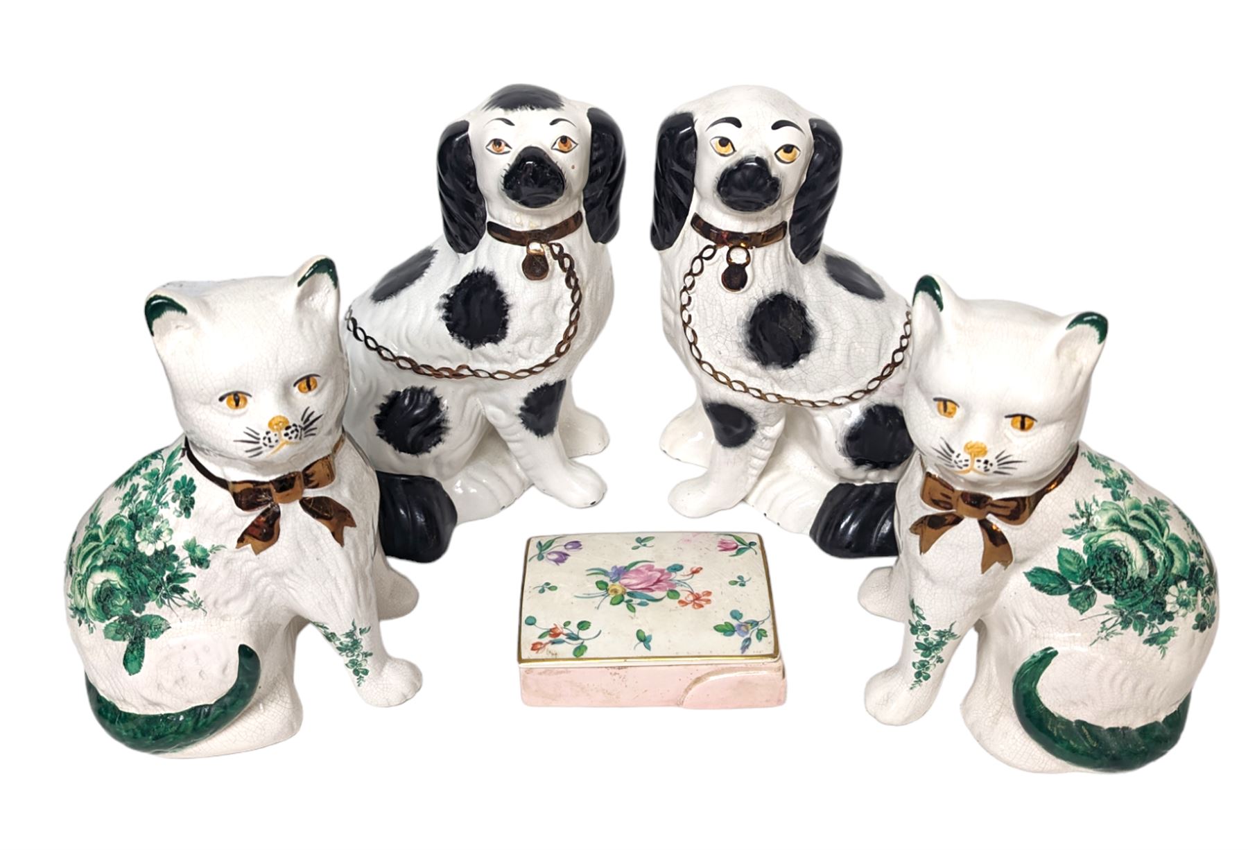 Pair of Staffordshire style dogs, together with a pair of Staffordshire style cats and a Clarice Cliff for Royal Staffordshire floral trinket box