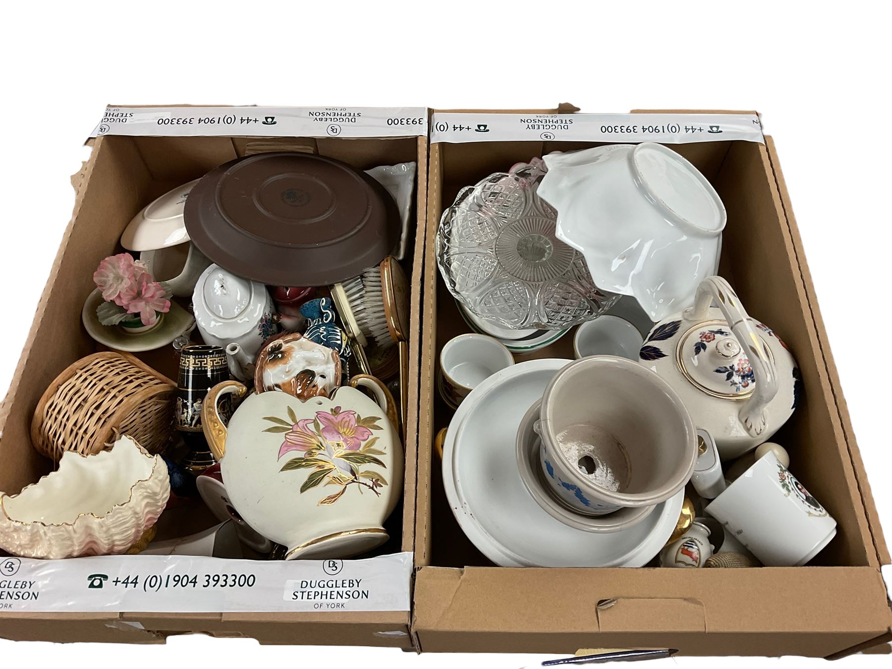 Coalport shell vase, together with a planter, covered jars and other ceramics, in four boxes 