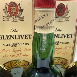 Three Glenlivet 12 year old, single malt Scotch whisky, 700ml 70% vol, each in original Classic Golf Clubs of Scotland presentation tin, St Andrews, Muirfield and Turnberry