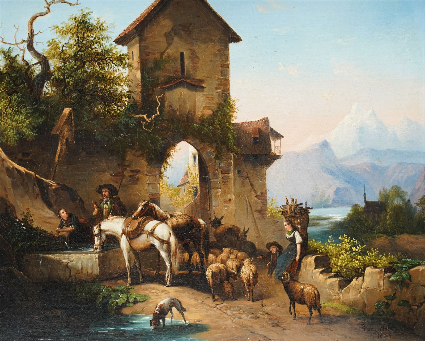 Franz Hofen (German/Austrian Early19th century): Animals Watering Beneath a Ruined Tower, oil indistinctly signed and dated 1829, 31cm x 38cm