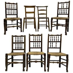 Collection of chairs - five 19th century elm spindle back chairs with rush seats; two chapel chairs (7)